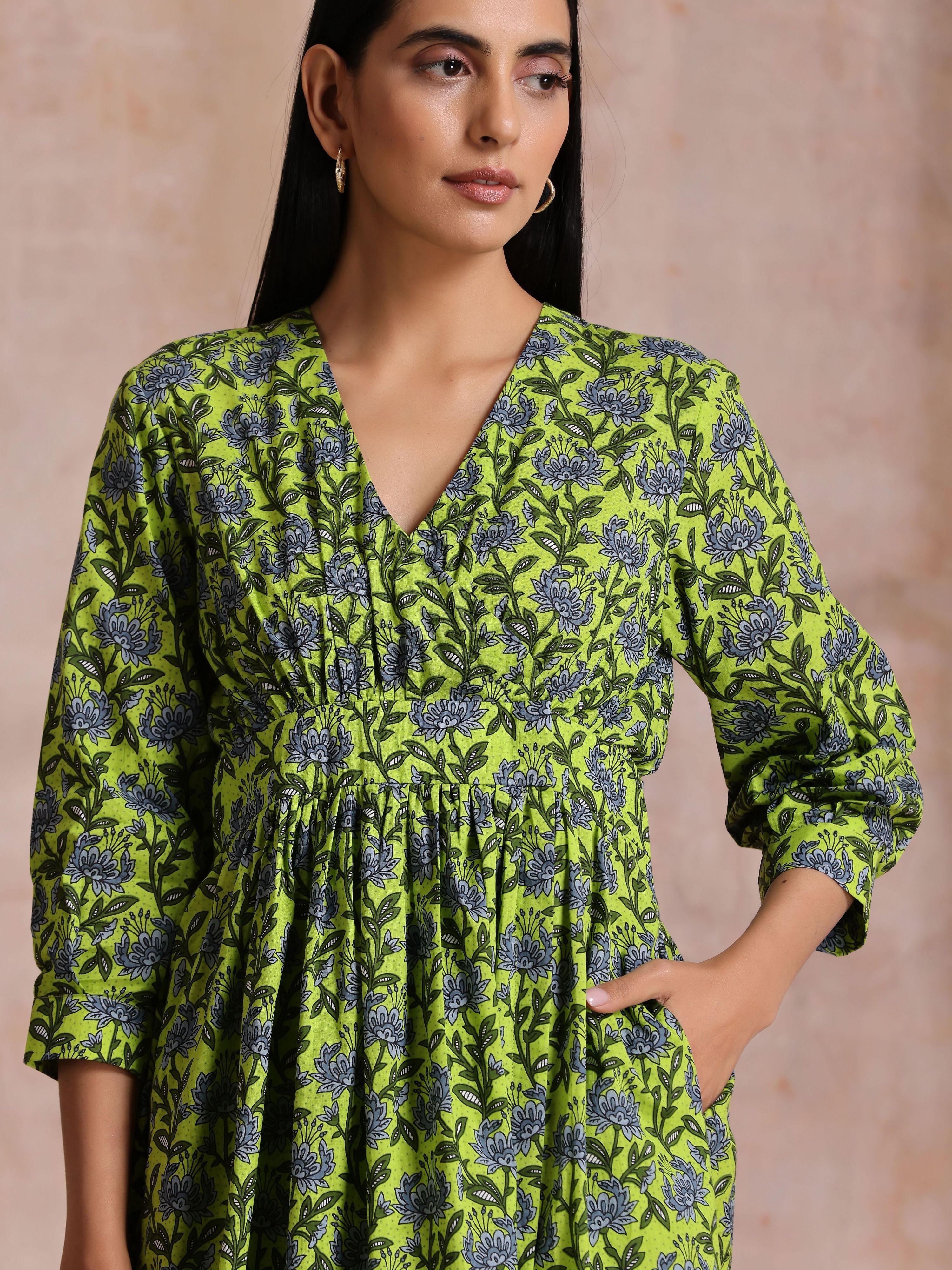 trueBrowns Lime Green Overall Blue Floral Block Print Cotton Wrap Dress | Grocsy