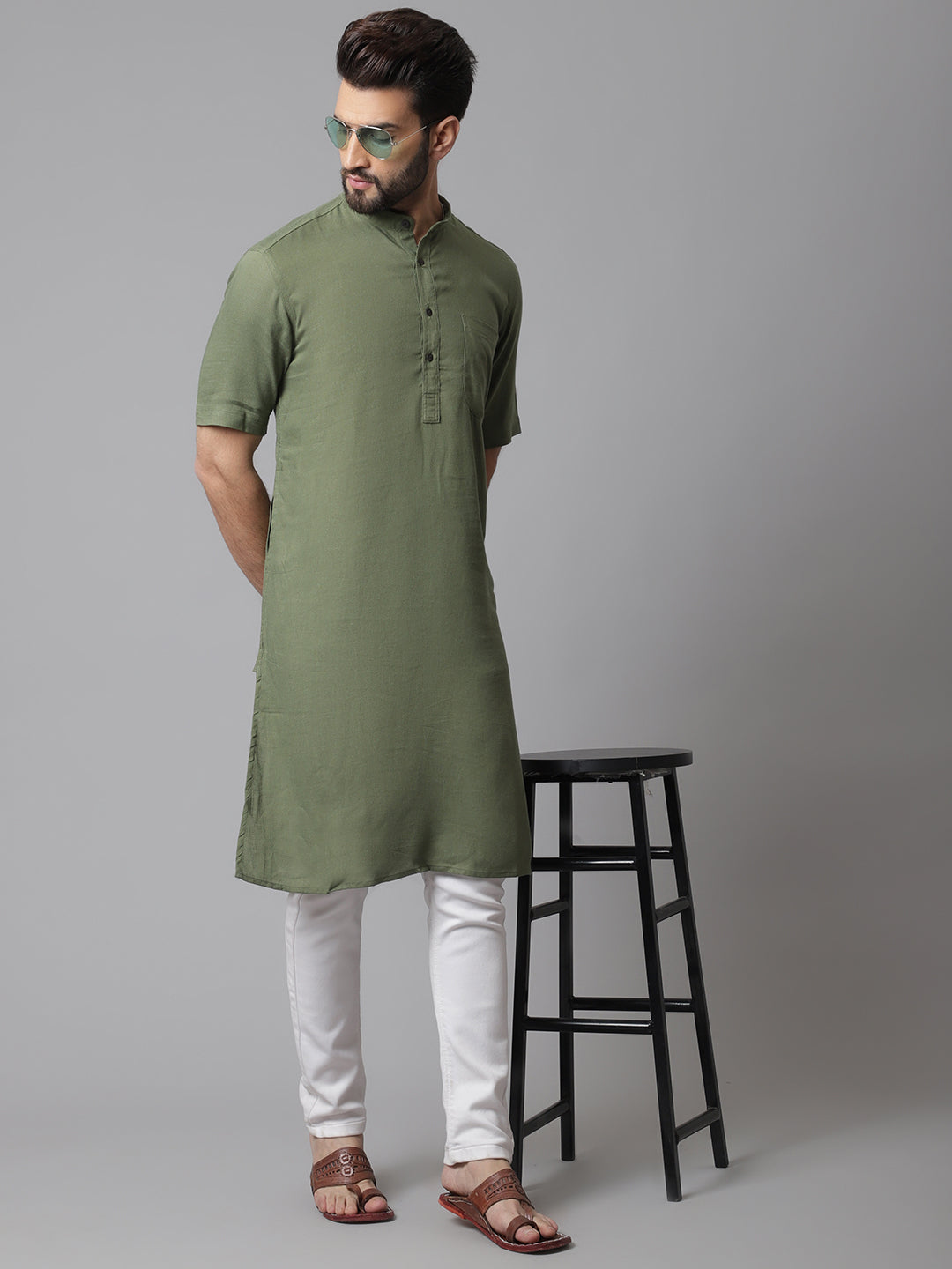 Even Apparels Green Pure Cotton Kurta With Band Collar | Grocsy