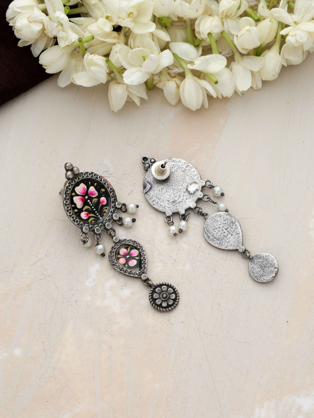 trueBrowns Silver Tone Handpainted Dangle Earrings | Grocsy