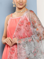 InWeave Women's Peach Cr Strappy Set With White Organza Dupatta | Grocsy
