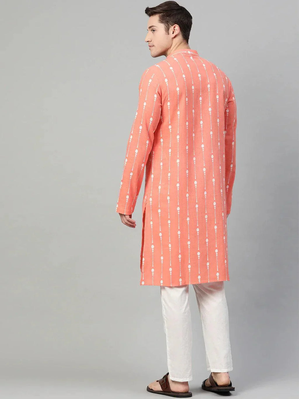 Fabmade Peach & White Printed Straight Kurta Pyjama | Grocsy