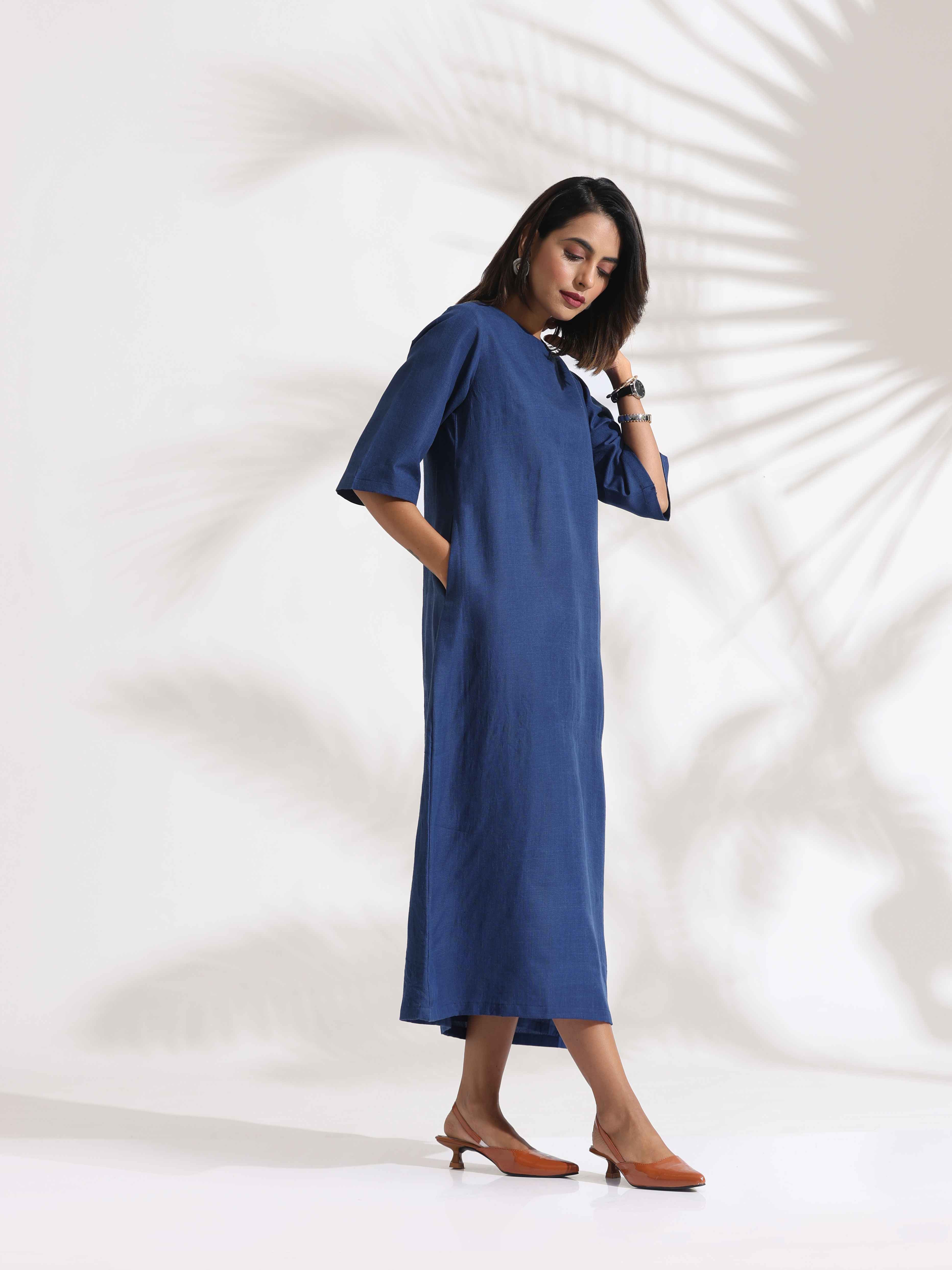 trueBrowns Blue Slub Dress | Grocsy