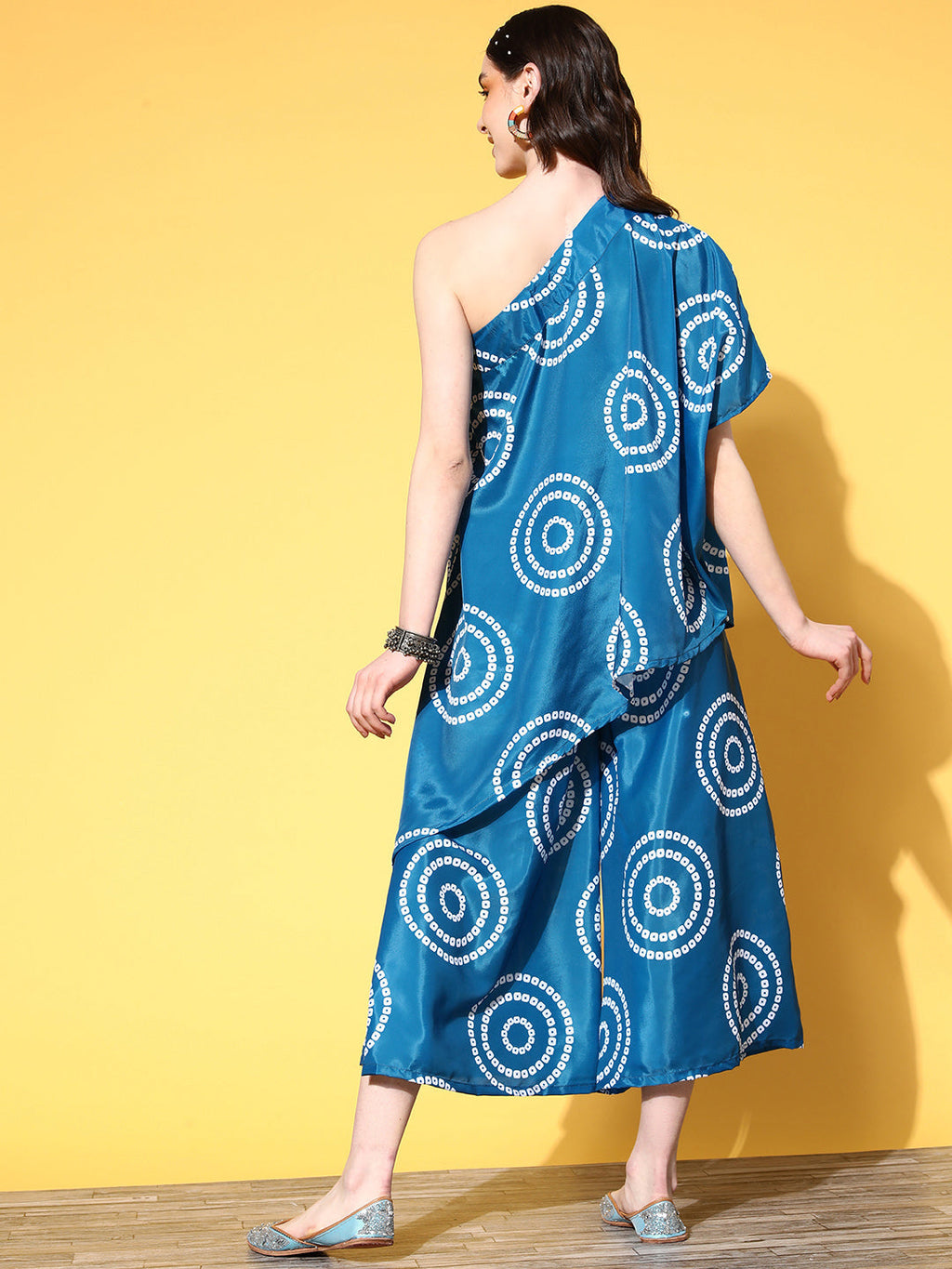 InWeave Women's Blue Bandhani Motif One Shoulder Palazzo Set | Grocsy