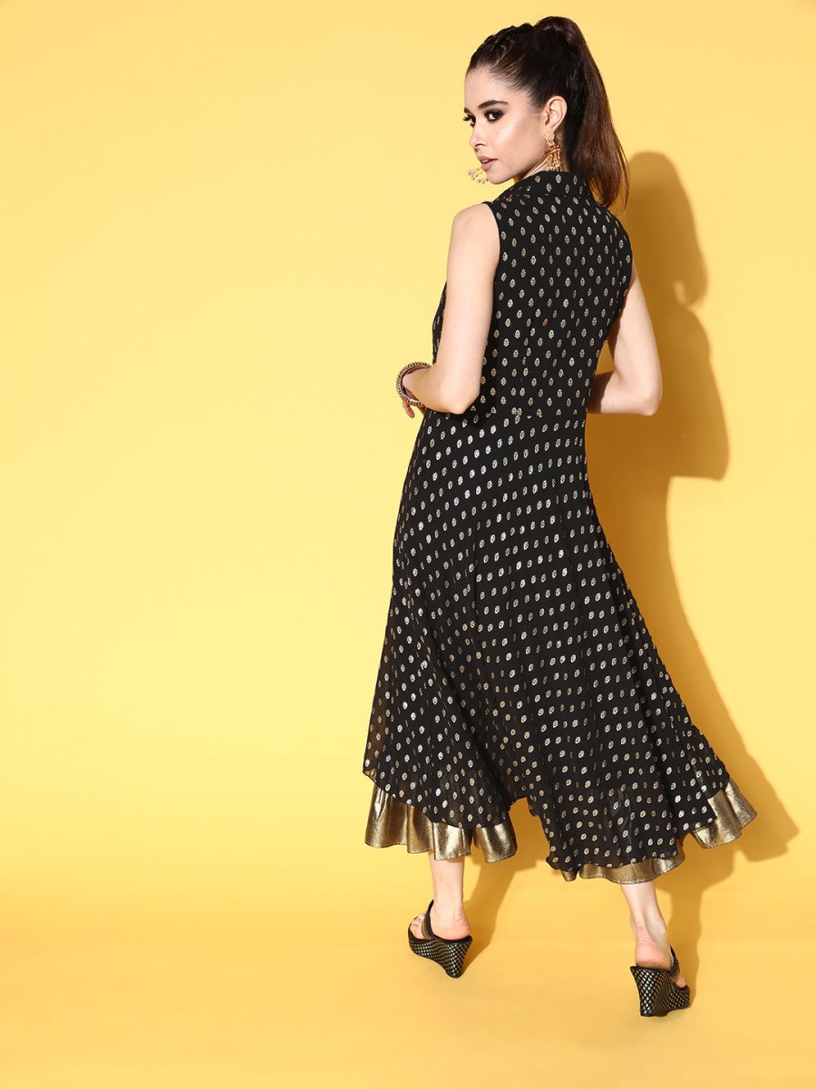 Ahalyaa Black Georgette Ethnic Motifs Printed Shirt-Collar Midi Fit & Flare Ethnic Dress | Grocsy