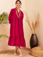 InWeave Women's Fuchsia Velvet Manderia V Neck Flared Dress | Grocsy