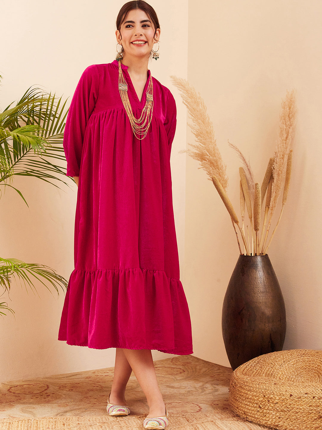 InWeave Women's Fuchsia Velvet Manderia V Neck Flared Dress | Grocsy