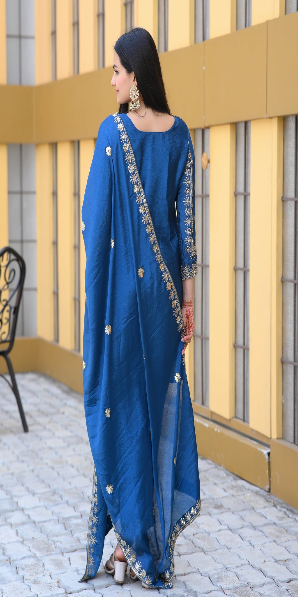 Teeya Creation Blue Color Chinon Silk Heavy Embroidery Work Fully Stitched Salwar Suit | Grocsy