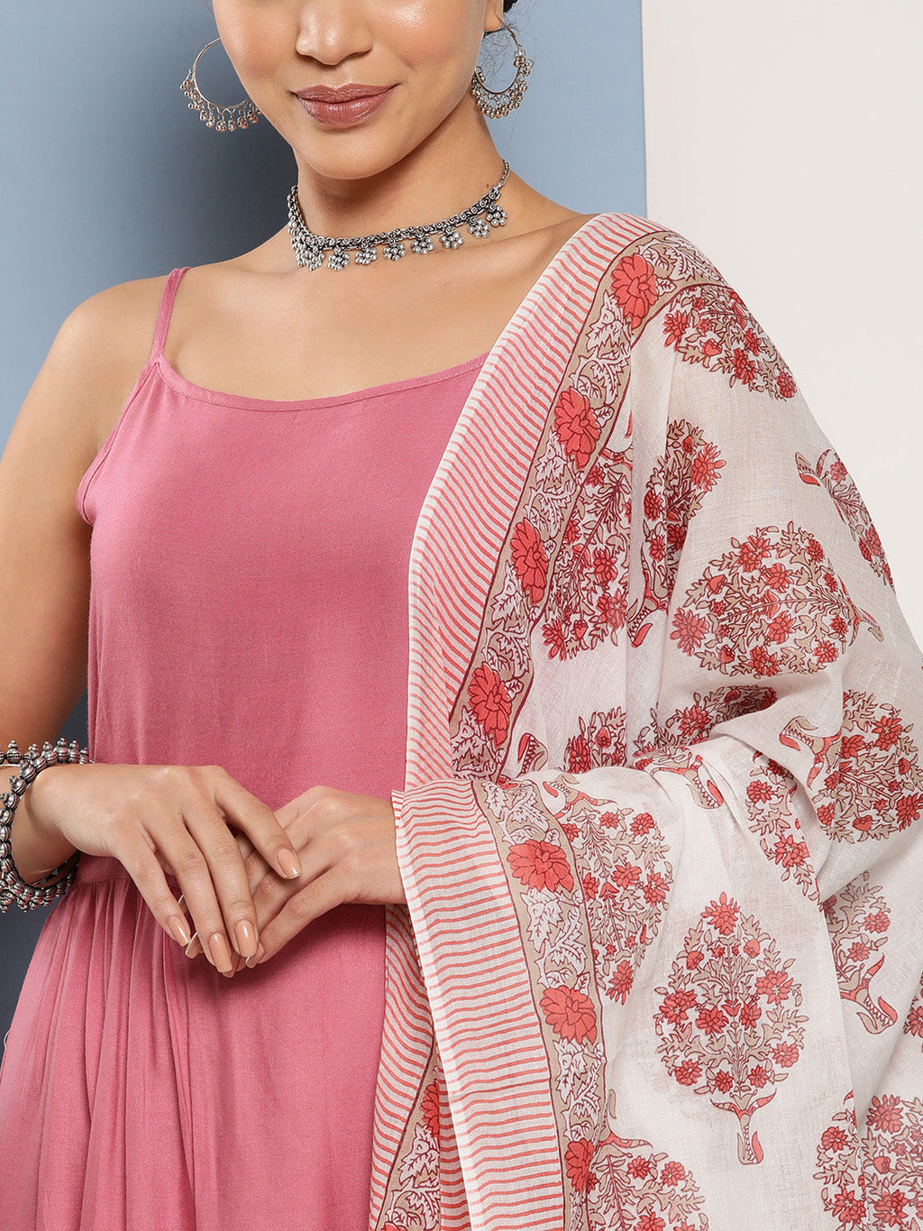InWeave Women's Light Pink Ray Strappy Set With Red Big Floral Cotton Dupatta | Grocsy