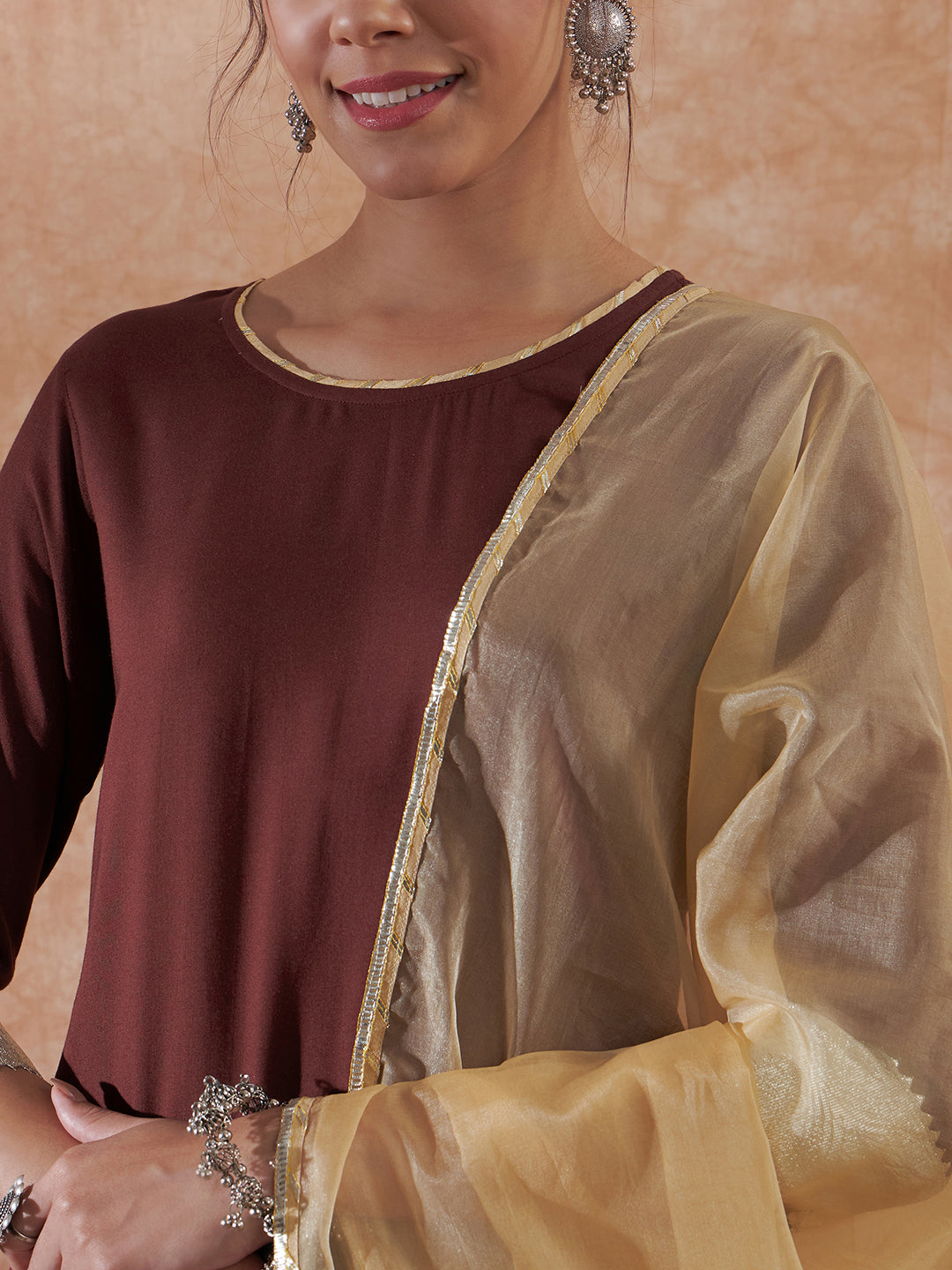 InWeave Women's Brown Gota Work Anarkali Kurta Set W Dupatta | Grocsy