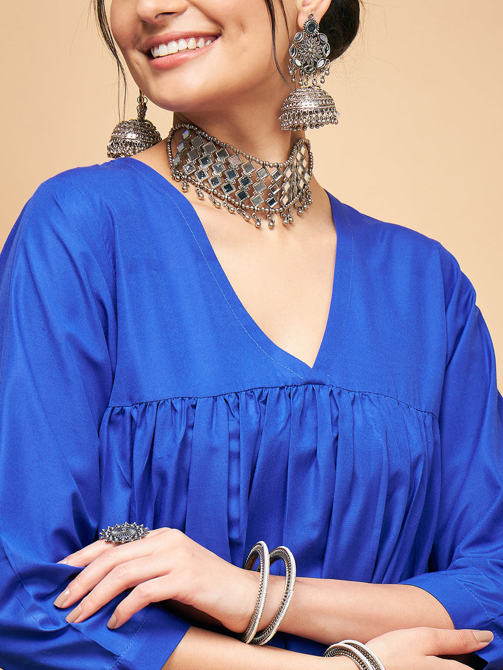 InWeave Women's Ink Blue Flared Kurta Palazzo Set | Grocsy