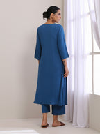 trueBrowns Classic Blue Dobby High Slit Gathered Kurta Set | Grocsy