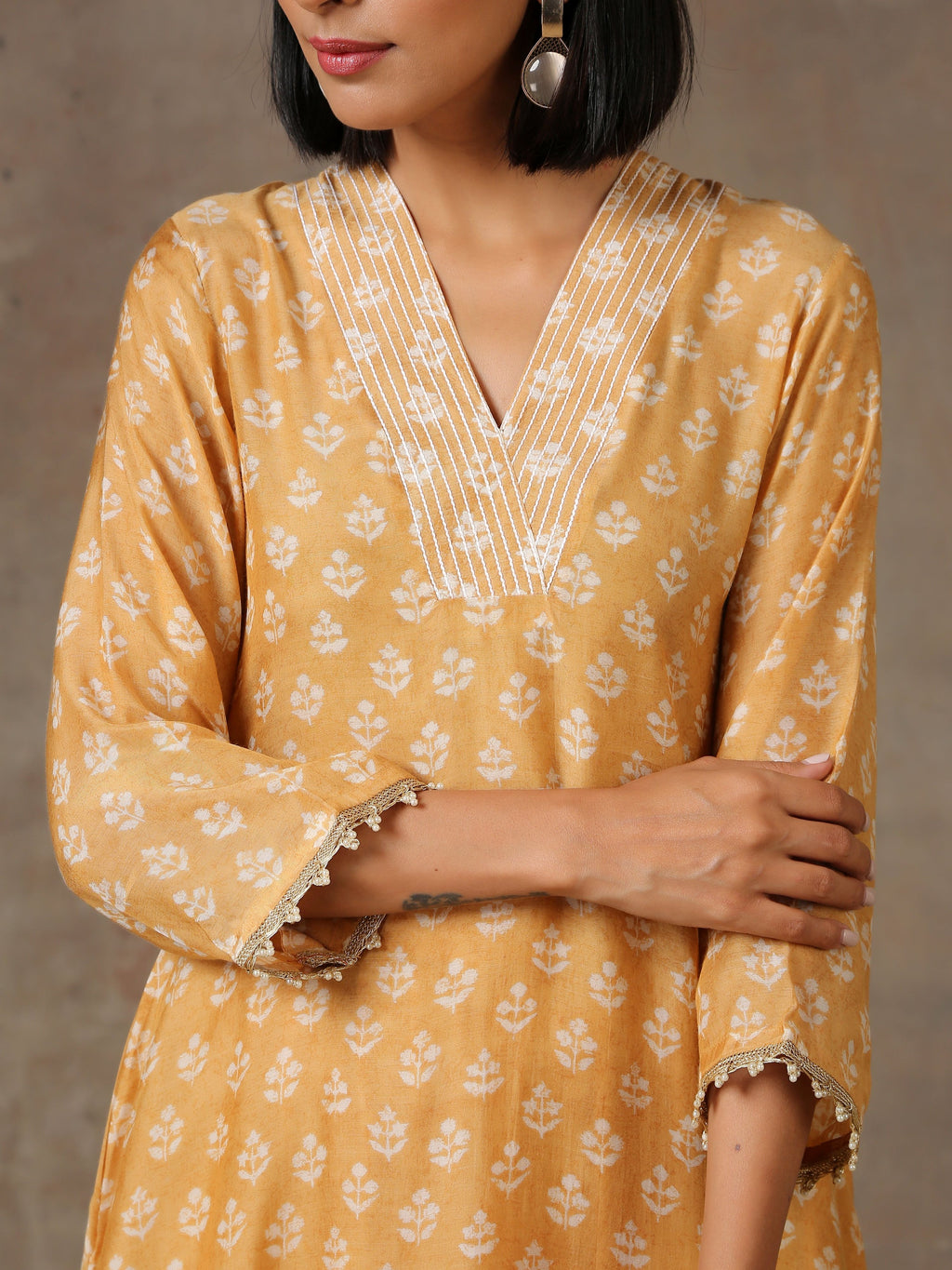 trueBrowns Beige White Flared Printed Silk Kurta Pant Set | Grocsy