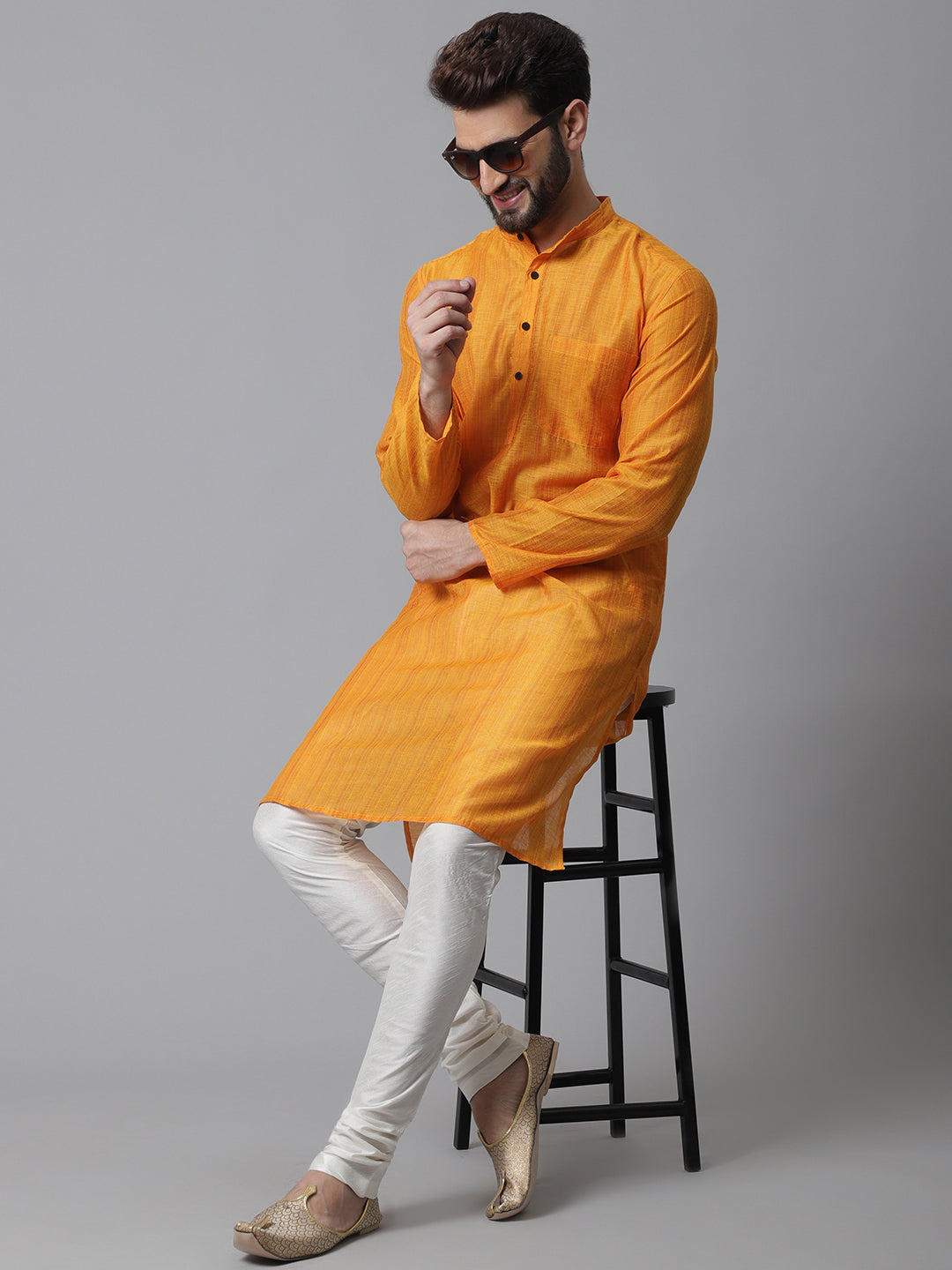 Even Apparels Yellow Check Kurta With Band Collar | Grocsy