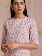 trueBrowns Pink Green Floral On White Block Print Cotton Slit Kurta Pant Set | Grocsy