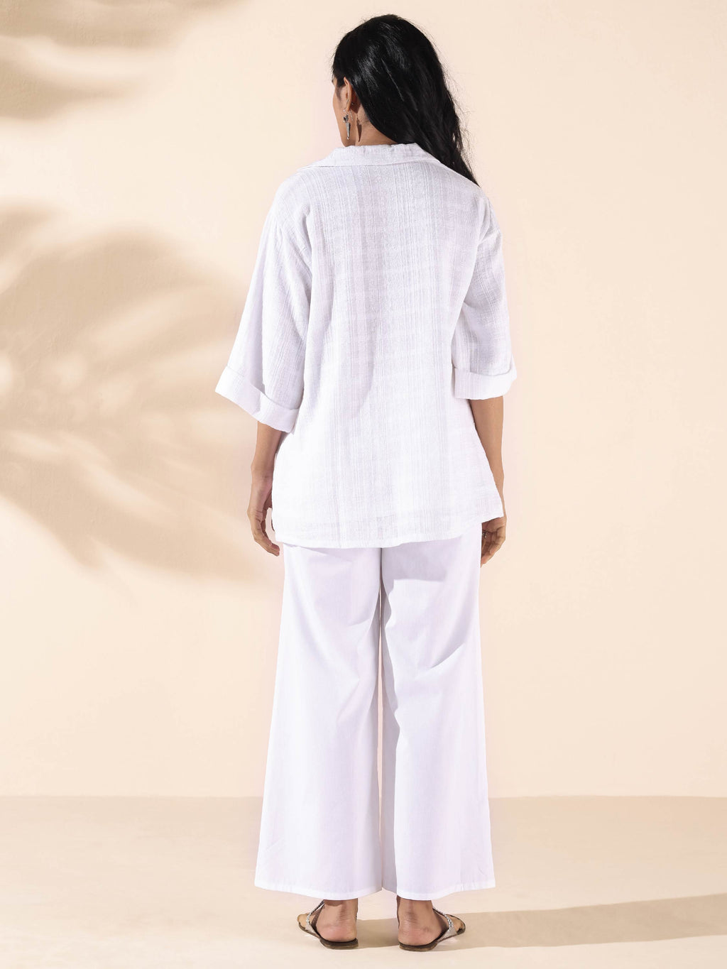 trueBrowns White Cotton Dobby V-Neck Co-ord Set | Grocsy