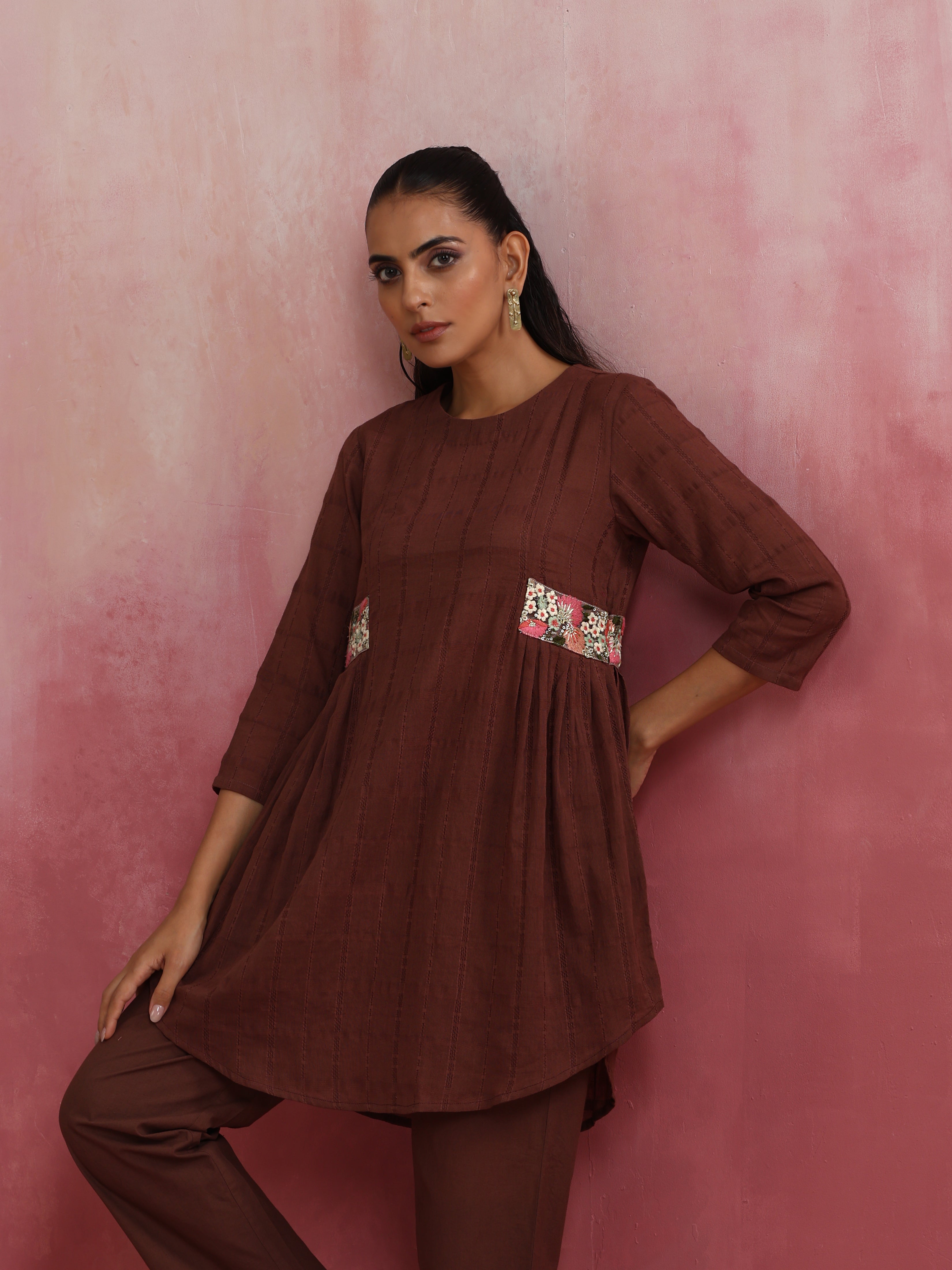trueBrowns Brown Cotton Dobby Kurta Co-ord set | Grocsy