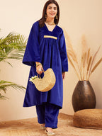 InWeave Women's Royal Blue V Neck Asymmetrical Pleated Velvet Kurta Set | Grocsy