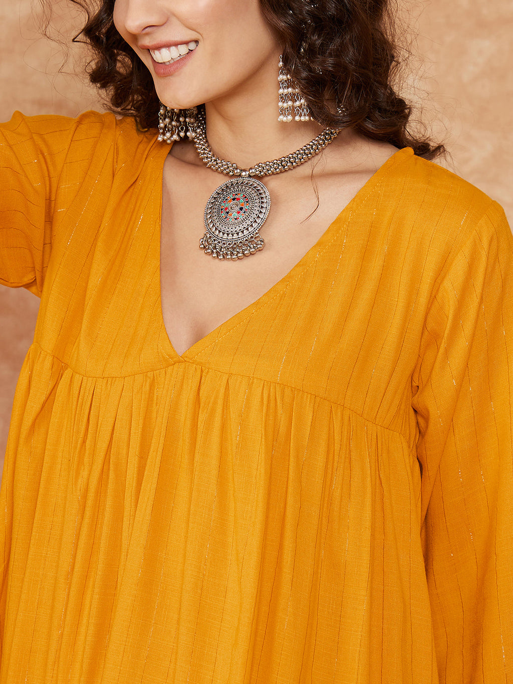 InWeave Women's Mustard Lurex Flared V Neck Kurta Palazzo Set | Grocsy