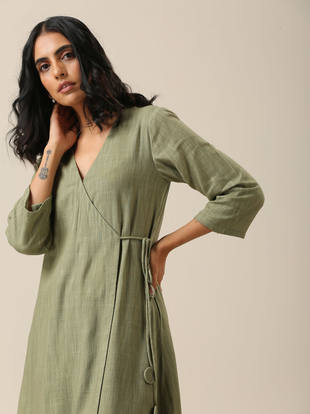 trueBrowns Sage Slub Texture Angrakha Pant Set | Grocsy