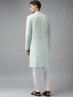 Fabmade Men Sky Blue Cotton Linen Straight Kurta | Grocsy