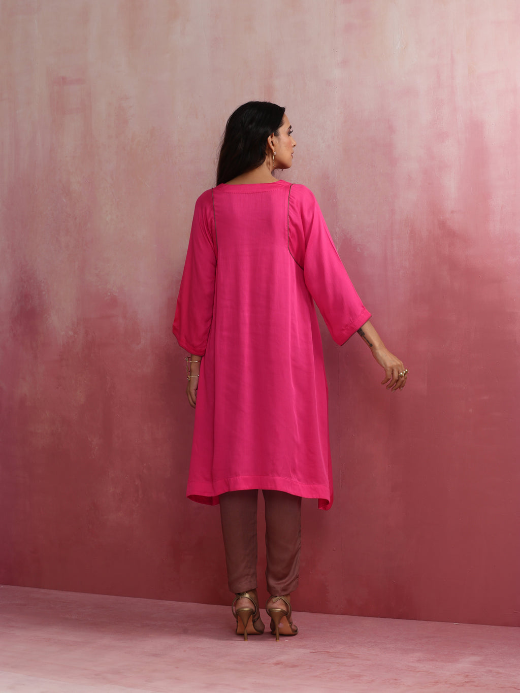 trueBrowns Pink Modal Kimono Kurta Set | Grocsy
