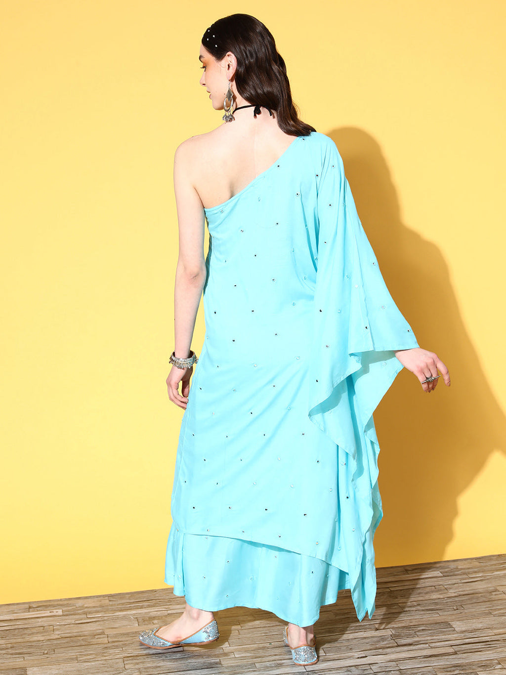 InWeave Women's Sky Blue Mirror Work One Shoulder Kurta Set | Grocsy