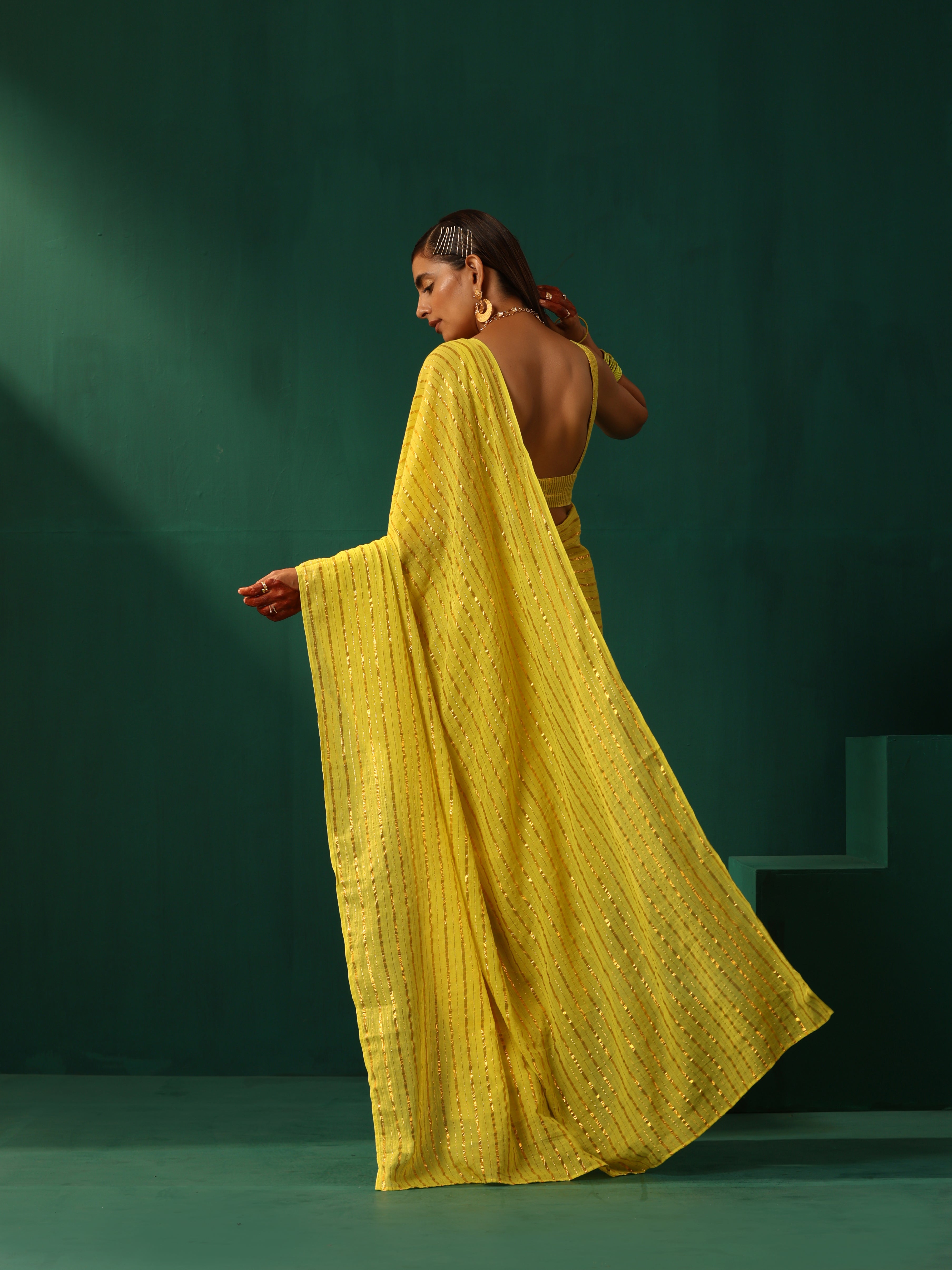 trueBrowns Lime Cotton Gold Lurex Striped Ready to Wear Saree | Grocsy