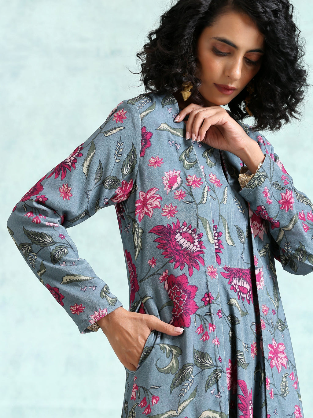 trueBrowns Grey Printed Velvet Overlay Jacket | Grocsy