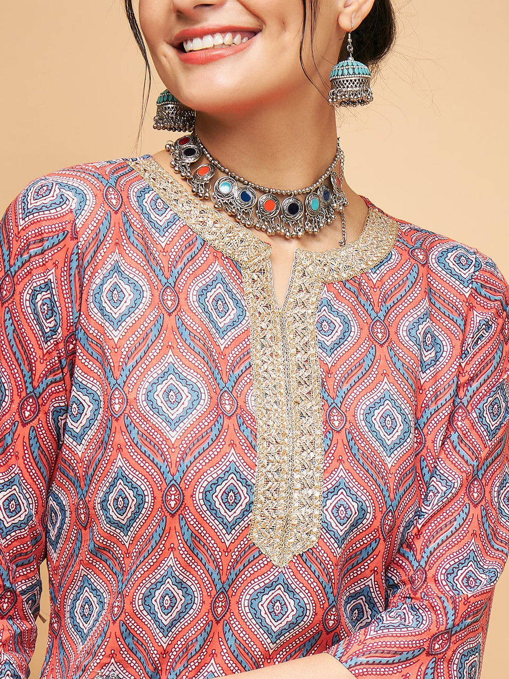 InWeave Women's Red Blue Ogee Print Gota Straight Kurta | Grocsy