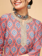 InWeave Women's Red Blue Ogee Print Gota Straight Kurta | Grocsy