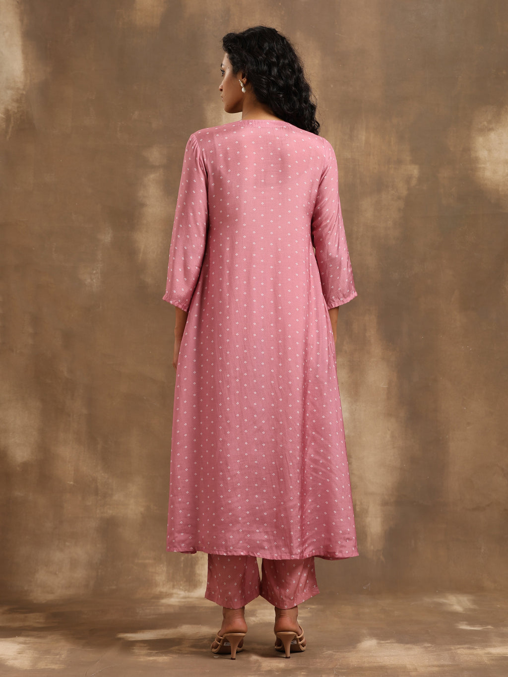 trueBrowns Light Mauve Bandhani Printed Silk Angrakha Kurta Pant Set | Grocsy