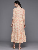 Ahalyaa Floral Print Mandarin Collar Tiered Midi Pure Cotton Ethnic Dress | Grocsy