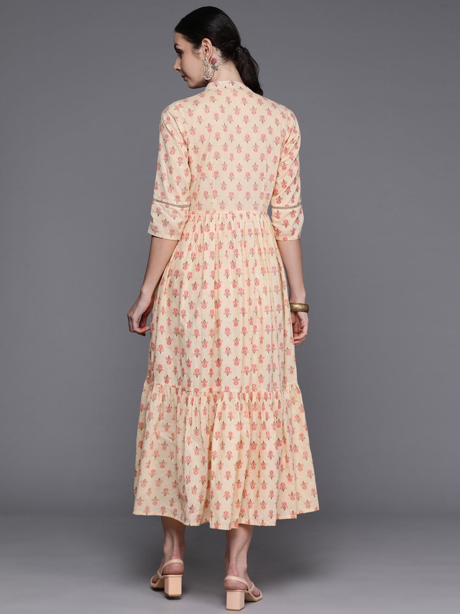 Ahalyaa Floral Print Mandarin Collar Tiered Midi Pure Cotton Ethnic Dress | Grocsy