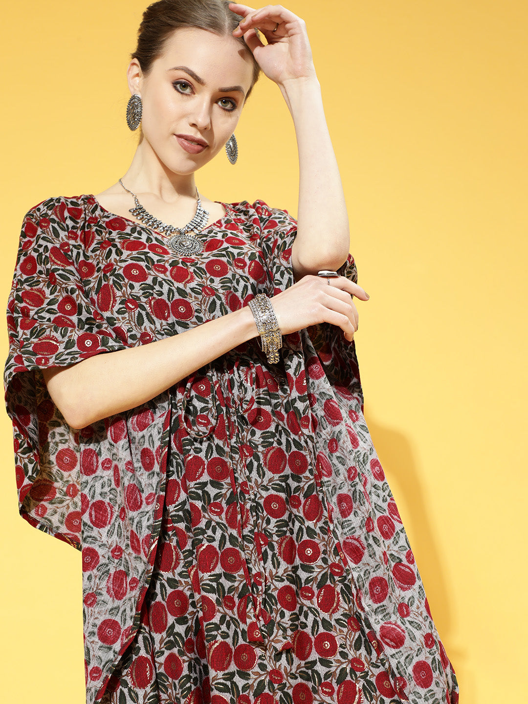 InWeave Women's Maroon Floral Jaal Print Kaftan Dress | Grocsy