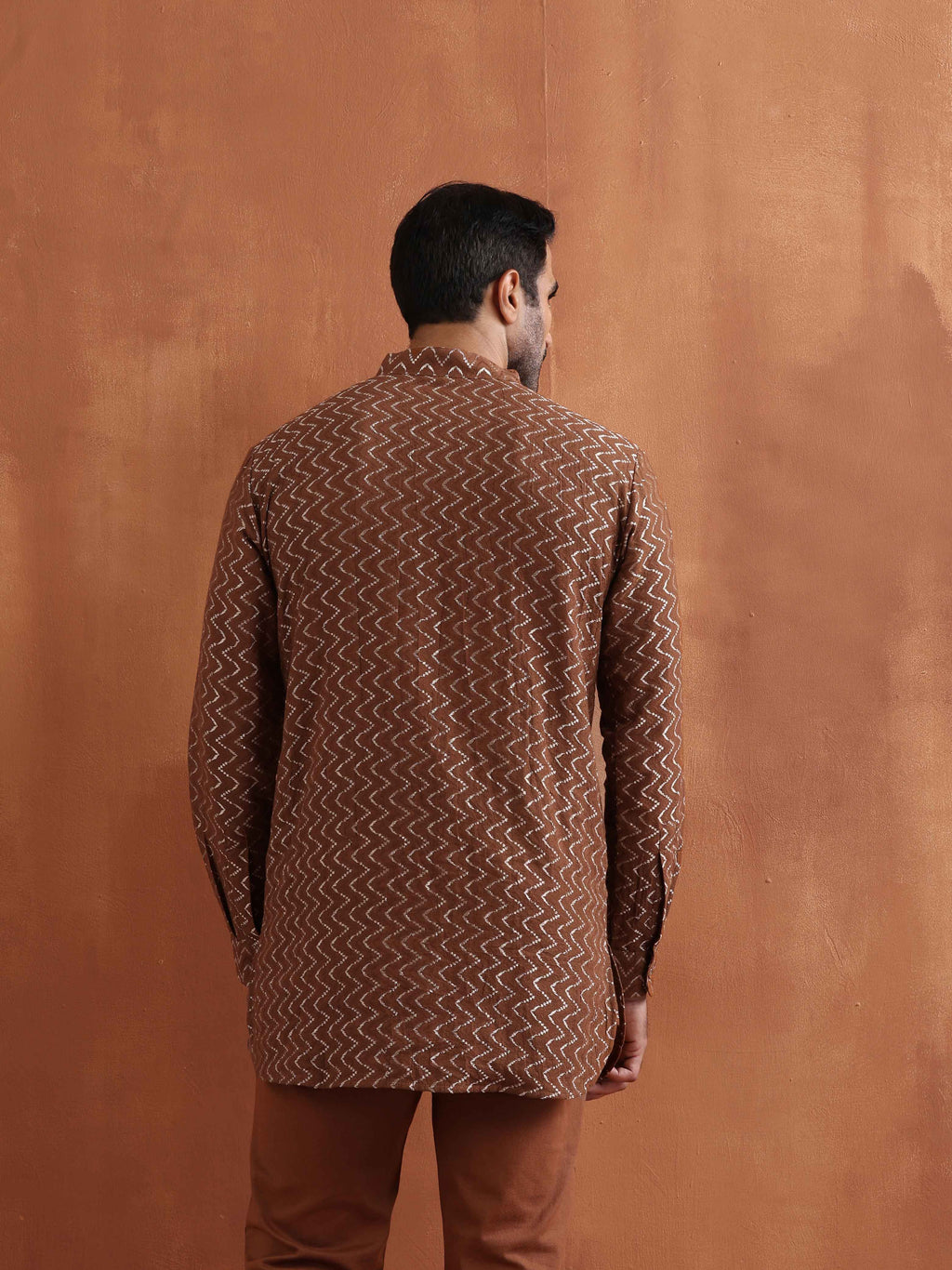 trueBrowns Men's Brown Cotton Dobby Short Kurta | Grocsy