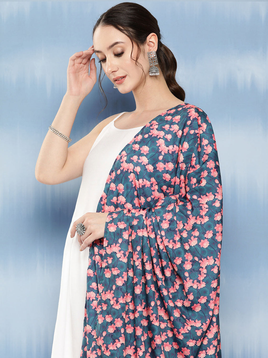InWeave Women's White Strappy Set With Navy Pink Lotus Cr Dupatta | Grocsy