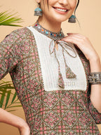 InWeave Women's Green Red Ajrakh Print Cotton Patch Work Straight Kurta Pant Set | Grocsy
