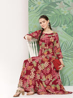 InWeave Women's Red Tropical Print Gota Long Dress | Grocsy