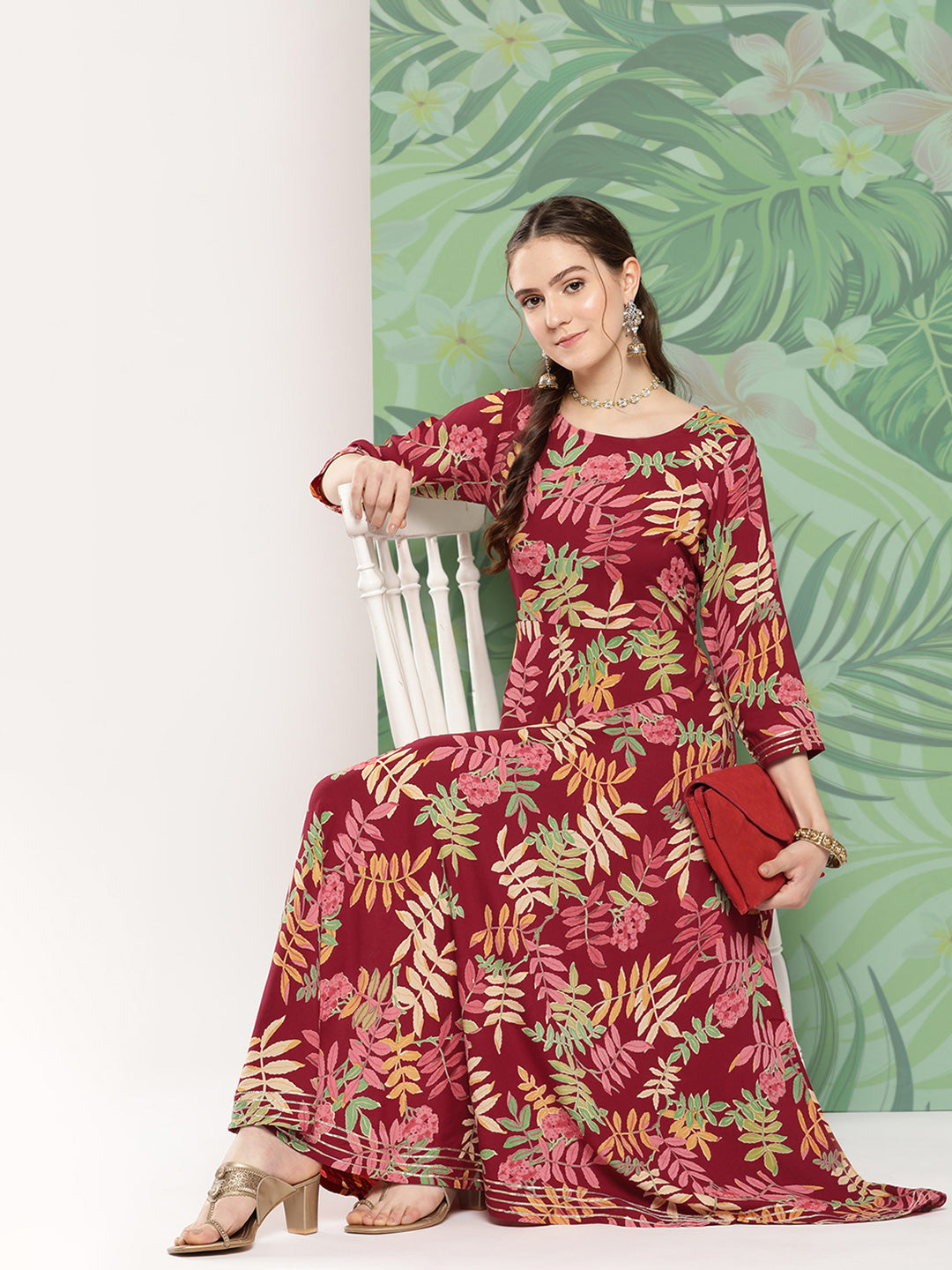 InWeave Women's Red Tropical Print Gota Long Dress | Grocsy
