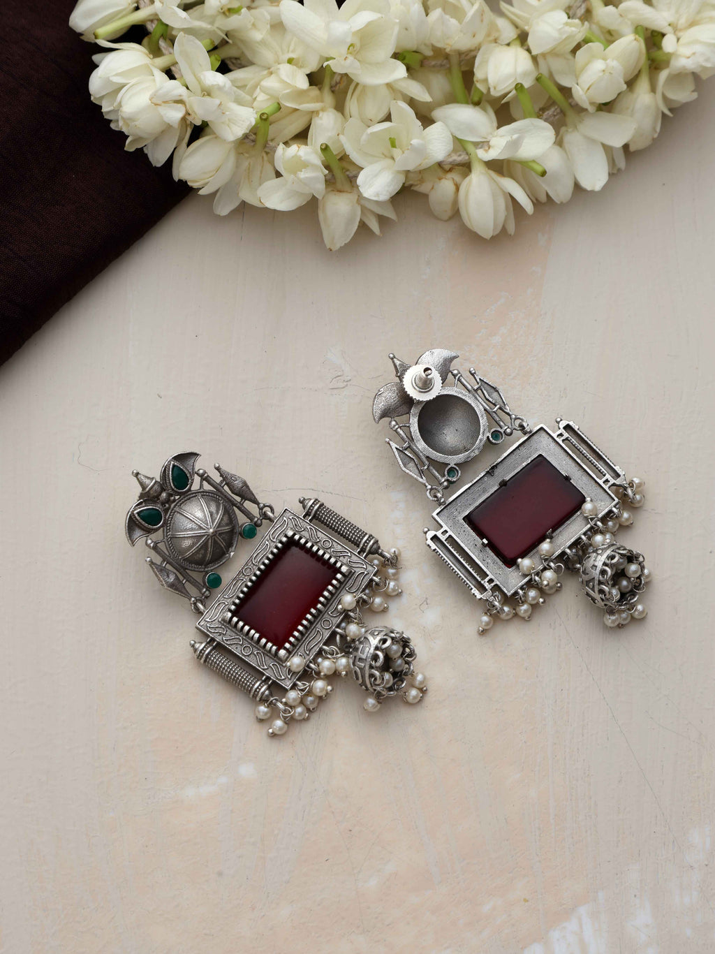 trueBrowns Silver Tone Red Stone Dangle Earrings | Grocsy