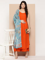 InWeave Women's Orange Strappy Set With Blue Chinnon Print Silk Dupatta | Grocsy