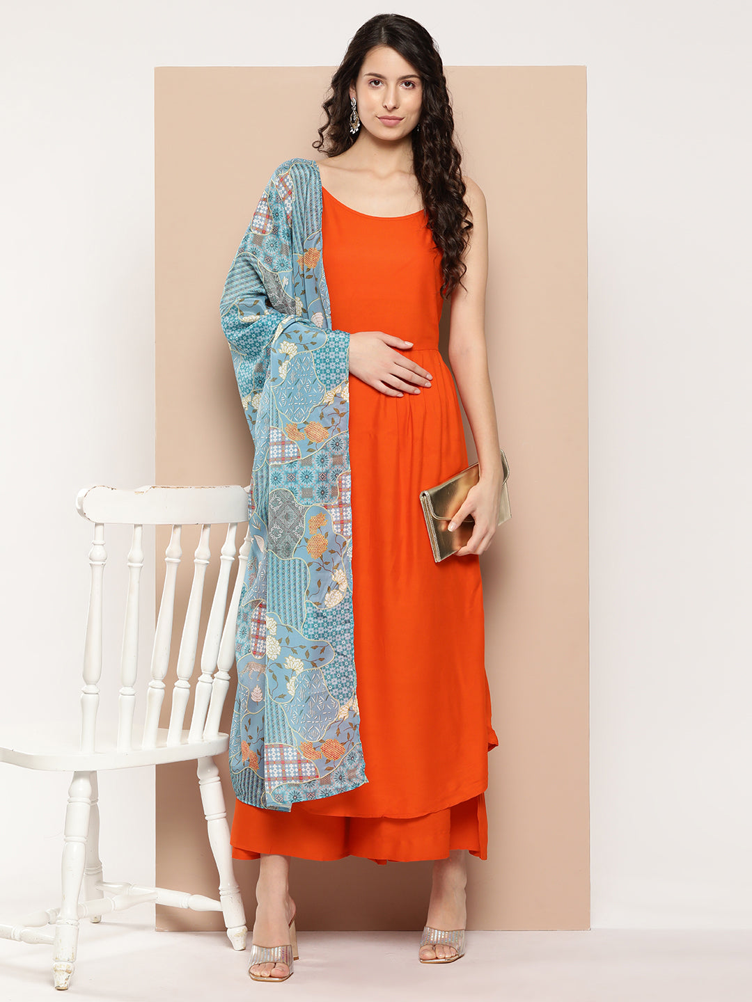 InWeave Women's Orange Strappy Set With Blue Chinnon Print Silk Dupatta | Grocsy