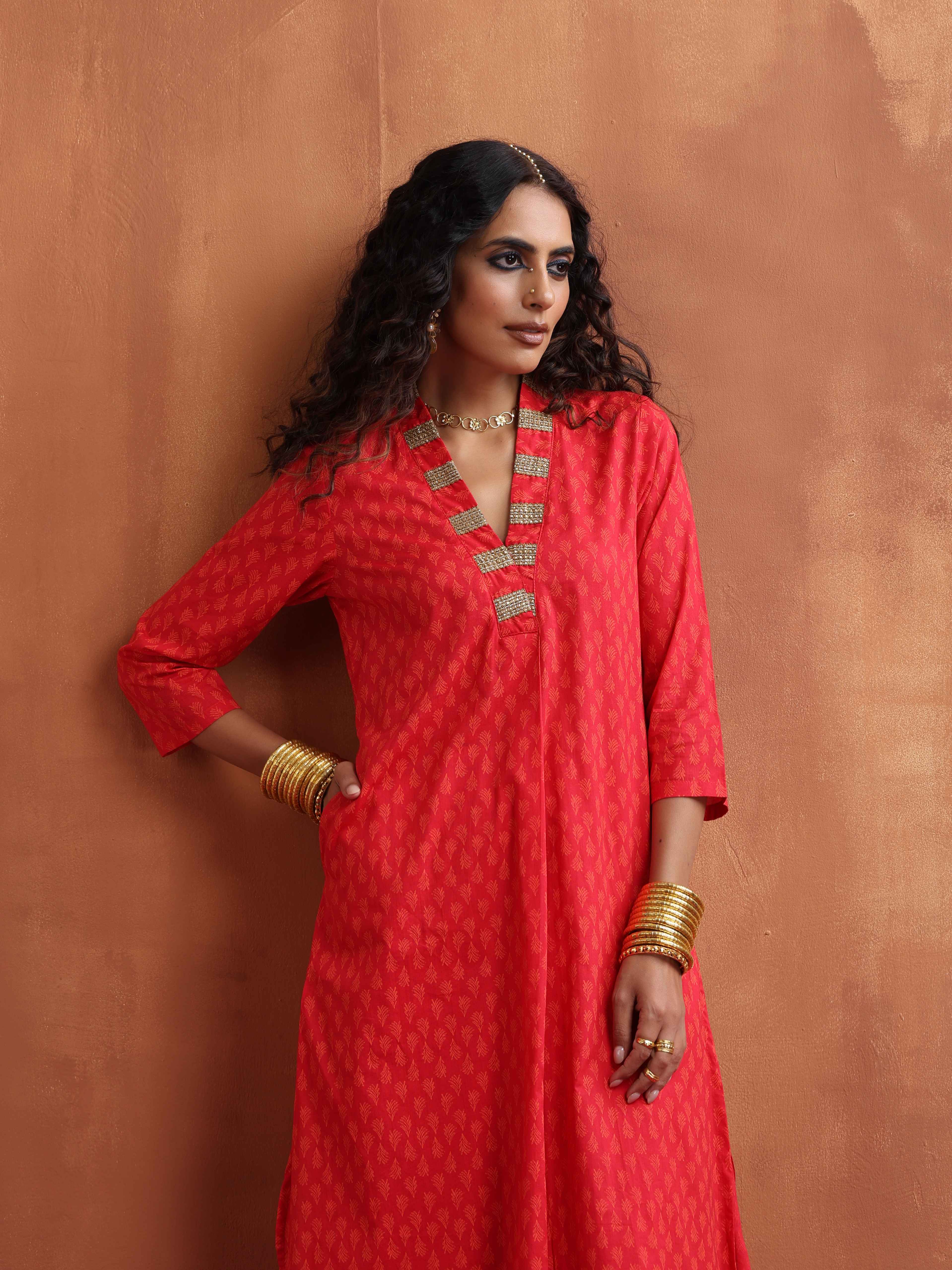 trueBrowns Red Print A-line Kurta Set | Grocsy