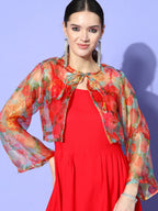 InWeave Women's Red Strappy Set With Green Floral Short Organza Cape | Grocsy