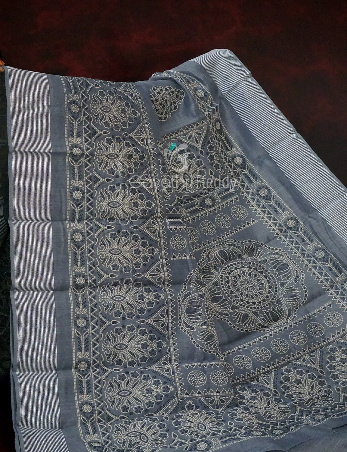 Powder Grey Coloured Block Print Semi Chanderi Saree By Gayathri Reddy Designer Studio | Grocsy
