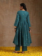 trueBrowns Deep Sea Gold Cotton Kalidar Kurta Set | Grocsy