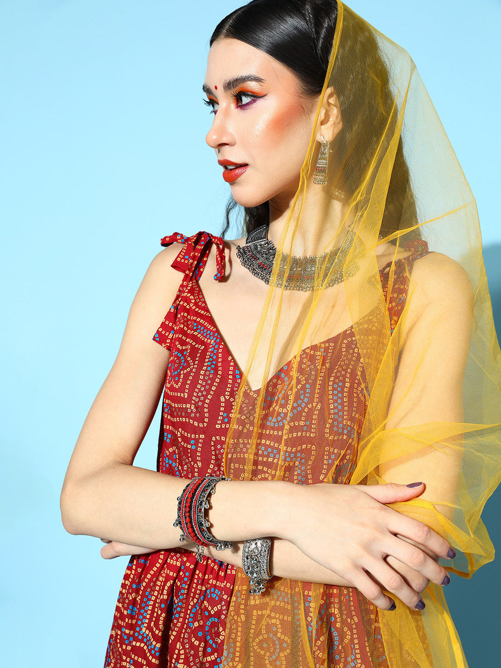 InWeave Women's Maroon Bandhani Net Sharara Set With Dupatta | Grocsy