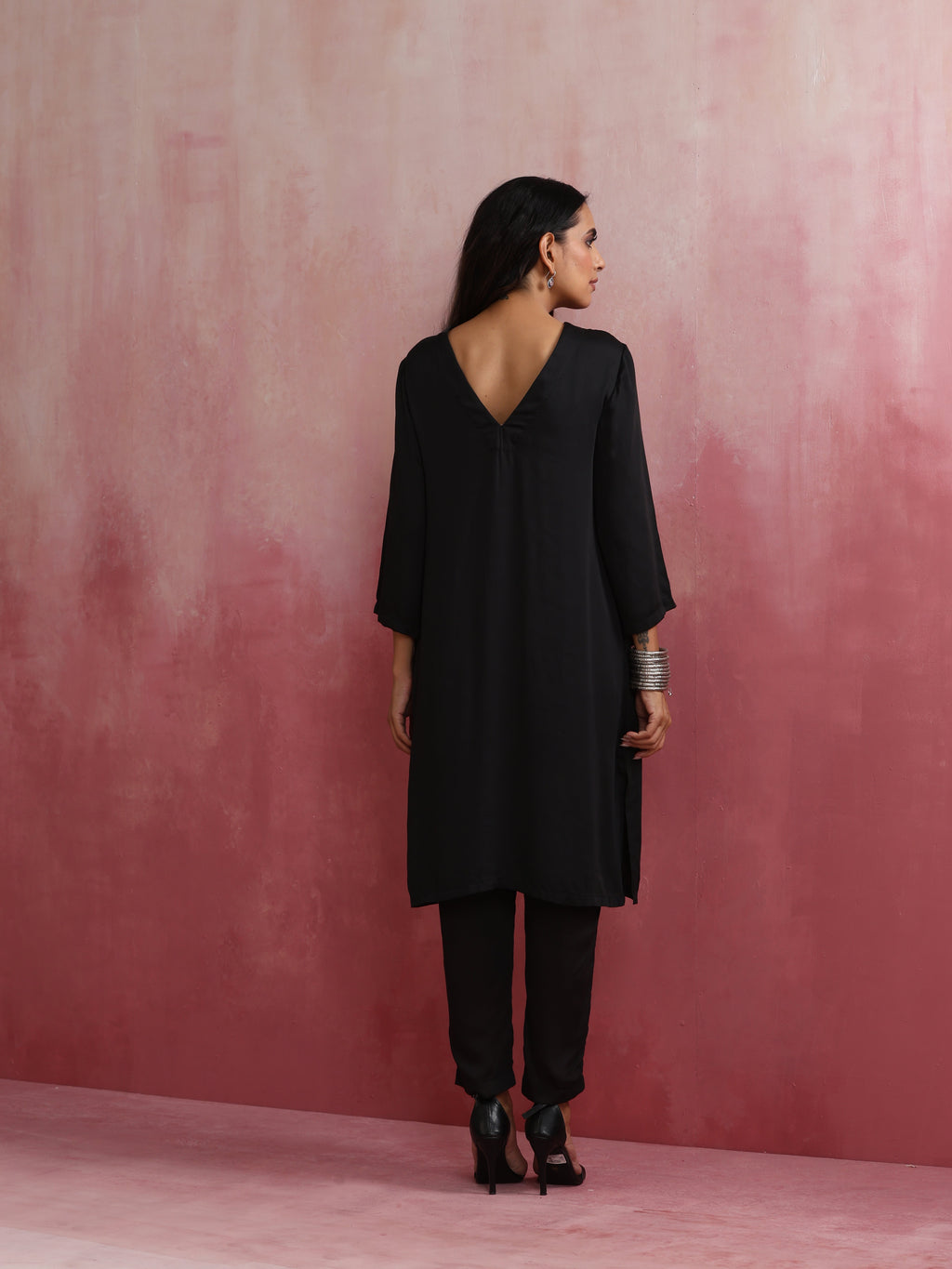 trueBrowns Black Modal Round Neck Kurta Co-ord Set | Grocsy