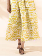 trueBrowns Lime Cotton Ikat Sleeveless Flared Dress | Grocsy