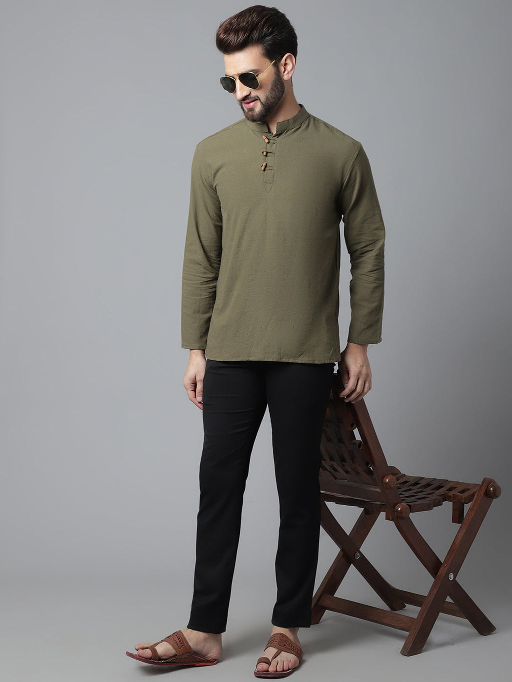 Indian Clothing Even Apparels Green Pure Cotton Kurta With Band Collar | Grocsy